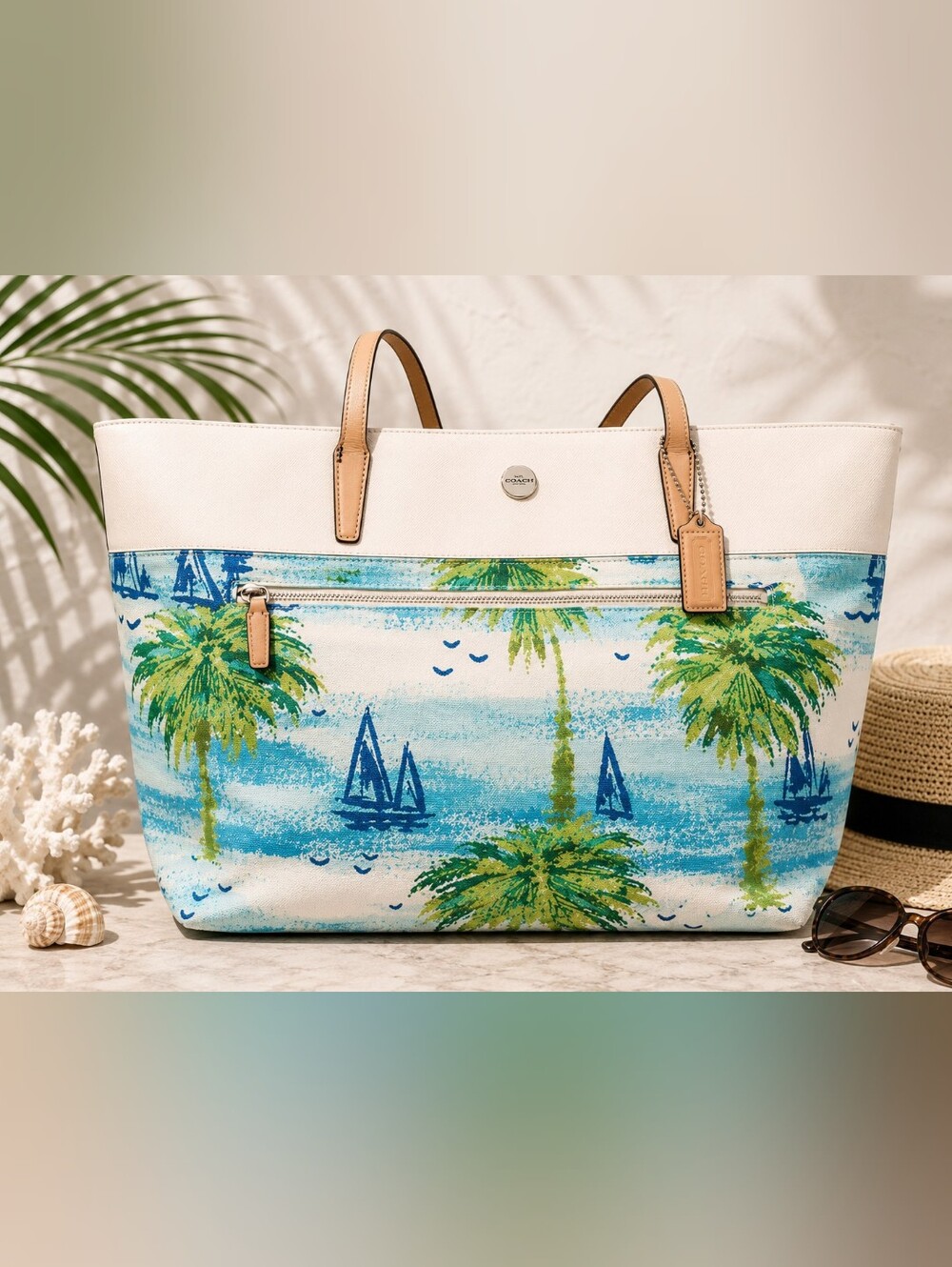 Coach Resort Beach Scene Large Tote F27389 Tropical Sailboat Canvas Bag RARE
